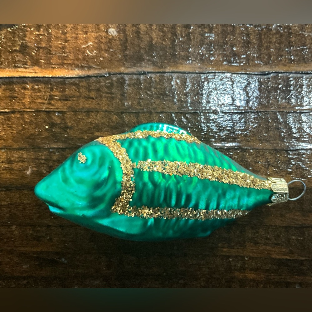 Green Glass Fish Ornament with Gold Glitter Accents